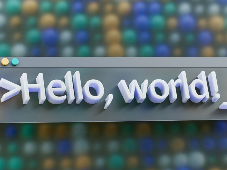 Hello Graphic Text in a code-like font saying "Hello, world!" on a colorful dot-patterned background.