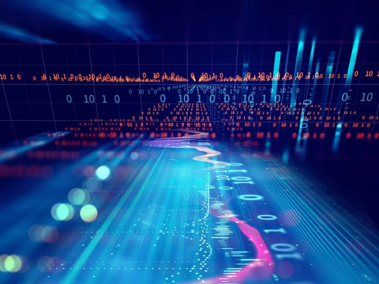 Data Flow Abstract digital landscape with colorful data streams and glowing lines.